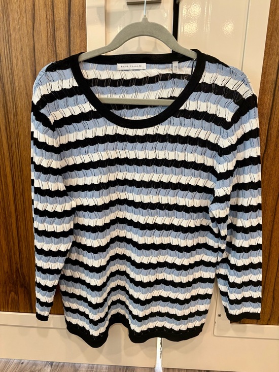 Elie Tahari Tops - Elie Tahari Black, White & Light Blue Striped Scoop Neck Sweater